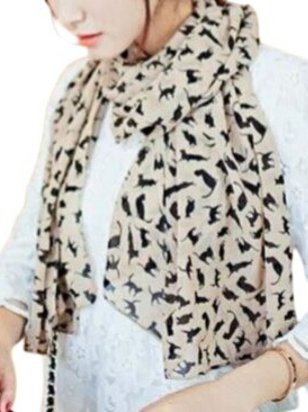 Cat Print Pink Black Chiffon Long Scarf Lightweight Wrap Whimsical Silhouettes